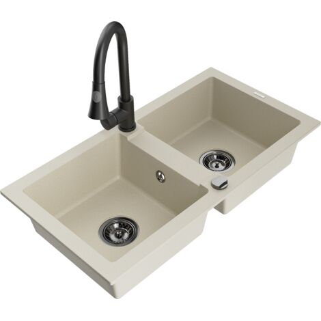 Mexen Mario lavello in granito a 2 vasche con miscelatore cucina Elia, beige - 6504-69-670101-70