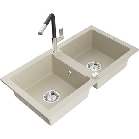 Mexen Mario lavello in granito a 2 vasche con miscelatore cucina Flora, beige - 6504-69-670401-07