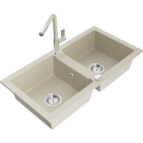 Mexen Mario lavello in granito a 2 vasche con miscelatore cucina Flora, beige - 6504-69-670401-09