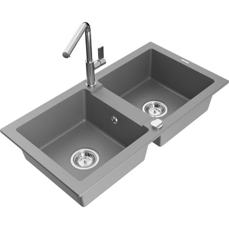 Mexen Mario lavello in granito a 2 vasche con miscelatore cucina Flora, grigio - 6504-71-670401-00