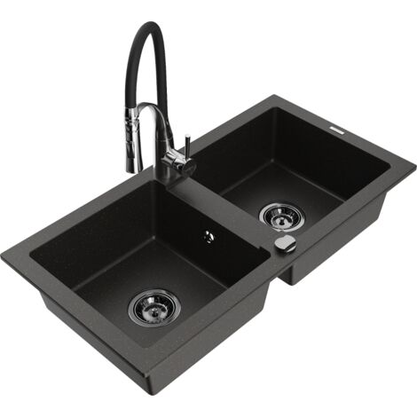 Mexen Mario lavello in granito a 2 vasche con miscelatore da cucina Aster, nero/oro metallizzato - 6504-75-73450-07-B