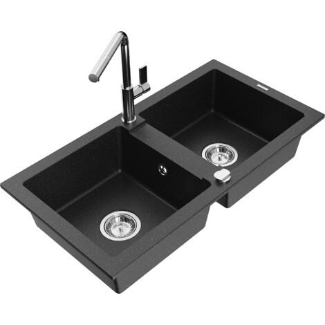 Mexen Mario lavello in granito a 2 vasche con miscelatore da cucina Flora, nero/metallo argento - 6504-73-670401-00