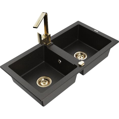 Mexen Mario lavello in granito a 2 vasche con miscelatore da cucina Rita, nero/oro metallizzato - 6504-75-670300-50