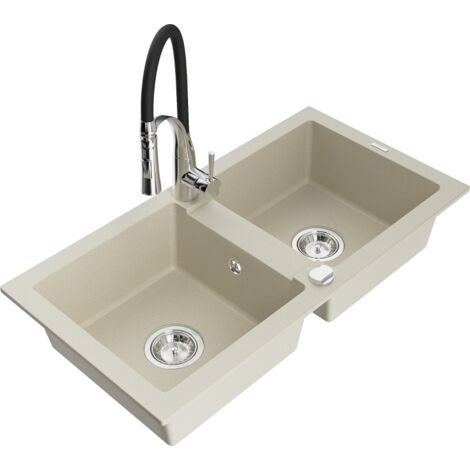 Mexen Mario lavello in granito a 2 vasche con rubinetto da cucina Aster, beige - 6504-69-73450-07