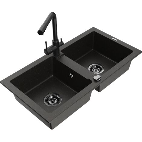 Mexen Mario lavello in granito a 2 vasche con rubinetto da cucina Duero, nero/oro metallico - 6504-75-671600-70-B