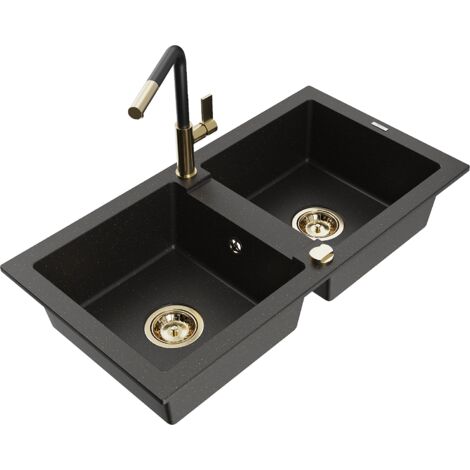 Mexen Mario lavello in granito a 2 vasche con rubinetto da cucina Flora, nero/oro metallizzato - 6504-75-670401-57-G