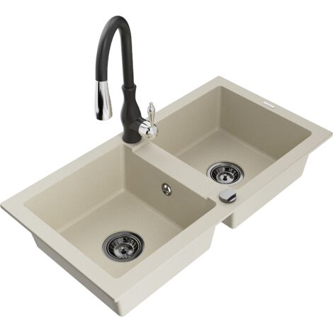 Mexen Mario lavello in granito a 2 vasche con rubinetto da cucina Savita, beige - 6504-69-672601-70