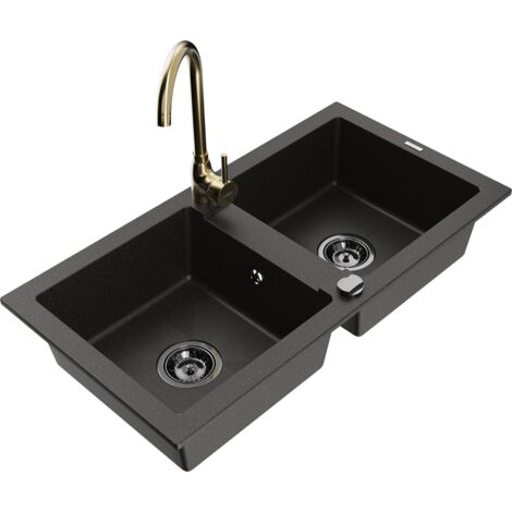 Mexen Mario lavello in granito a 2 vasche con rubinetto da cucina Telma, nero/oro - 6504-75-670200-50-B