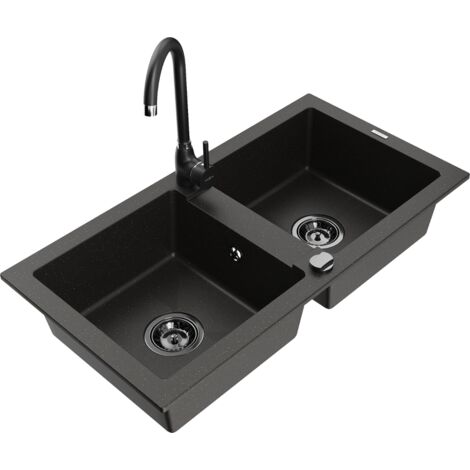 Mexen Mario lavello in granito a 2 vasche con rubinetto da cucina Telma, nero/oro - 6504-75-670200-70-B