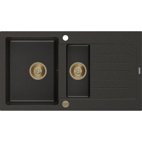 Mexen Matias 1,5-Becken-Granitspüle mit Abtropffläche 900 x 505 mm, Schwarz/Gold metallisch, Siphon