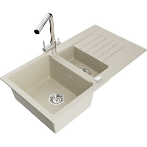 Mexen Matias 1,5-Becken-Granitspüle mit Abtropffläche und Mischbatterie Duero, Beige - 6502-69-67160