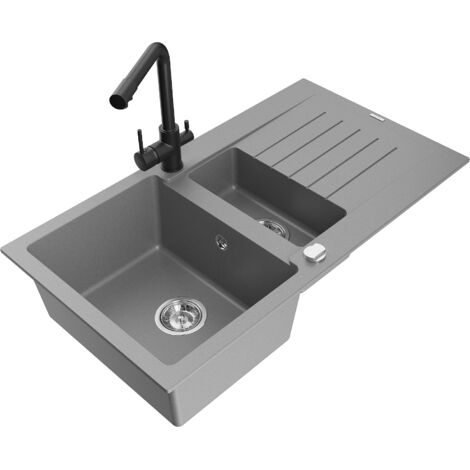 Mexen Matias 1,5-Becken-Granitspüle mit Abtropffläche und Mischbatterie Duero, Grau - 6502-71-671600