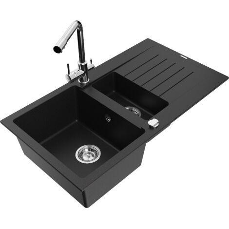 Mexen Matias 1,5-Becken-Granitspüle mit Abtropffläche und Mischbatterie Duero, Schwarz - 6502-77-671
