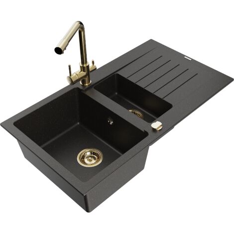 Mexen Matias 1,5-Becken-Granitspüle mit Abtropffläche und Mischbatterie Duero, Schwarz/Gold metallis