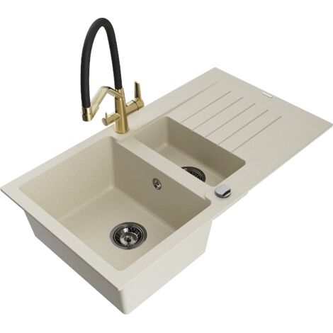 Mexen Matias 1,5-Becken-Granitspüle mit Abtropffläche und Mischbatterie Duo, Beige - 6502-69-671701-