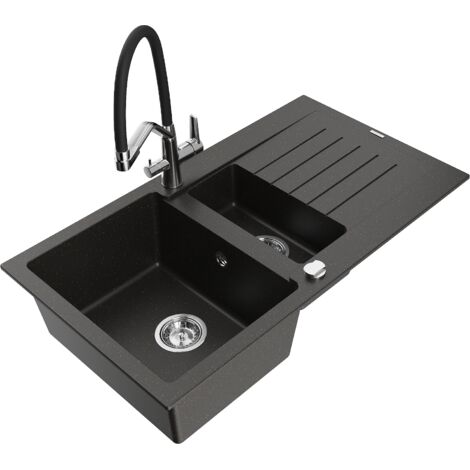 Mexen Matias 1,5-Becken-Granitspüle mit Abtropffläche und Mischbatterie Duo, Schwarz/Gold metallisch