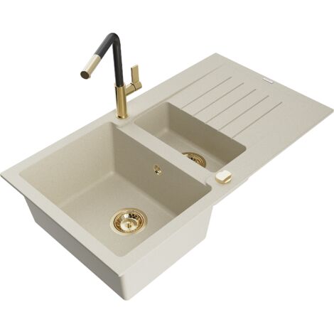 Mexen Matias 1,5-Becken-Granitspüle mit Abtropffläche und Mischbatterie Flora, Beige - 6502-69-67040
