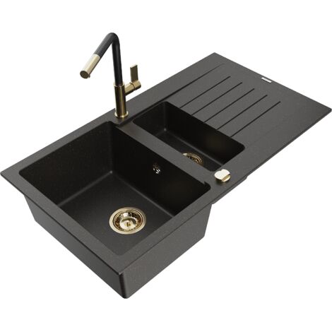 Mexen Matias 1,5-Becken-Granitspüle mit Abtropffläche und Mischbatterie Flora, Schwarz/Gold - 6502-7