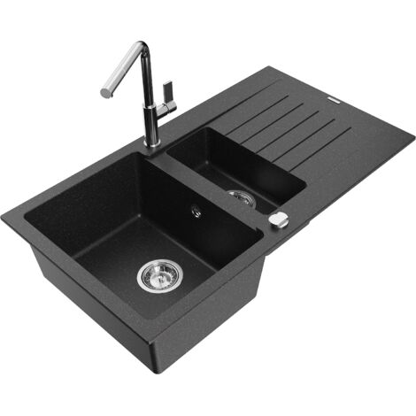 Mexen Matias 1,5-Becken-Granitspüle mit Abtropffläche und Mischbatterie Flora, Schwarz/Silber - 6502