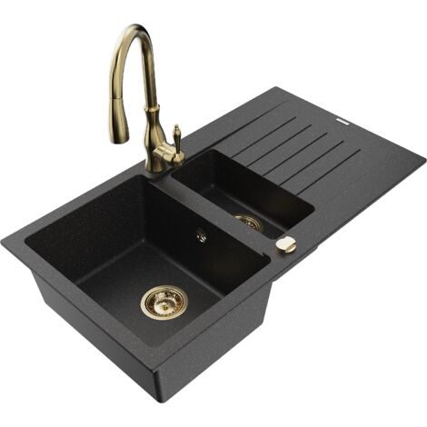 Mexen Matias 1,5-Becken-Granitspüle mit Abtropffläche und Mischbatterie Savita, Schwarz/Silber - 650