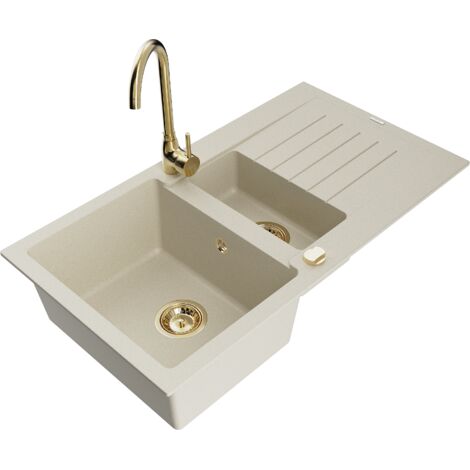 Mexen Matias 1,5-Becken-Granitspüle mit Abtropffläche und Mischbatterie Telma, Beige - 6502-69-67020