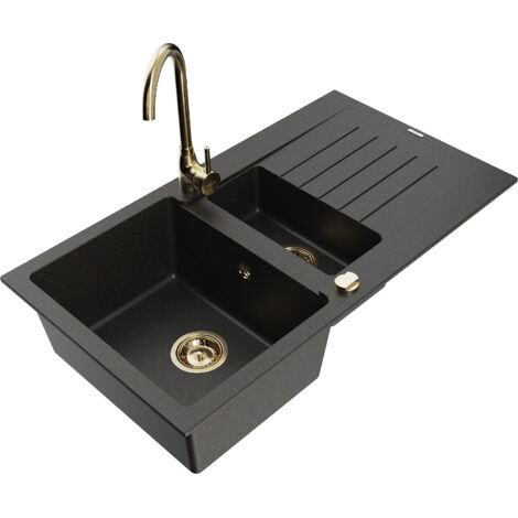 Mexen Matias 1,5-Becken-Granitspüle mit Abtropffläche und Mischbatterie Telma, Schwarz/Gold - 6502-7