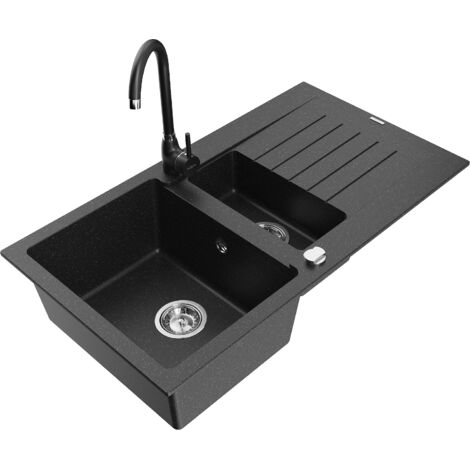 Mexen Matias 1,5-Becken-Granitspüle mit Abtropffläche und Mischbatterie Telma, Schwarz/Silber - 6502