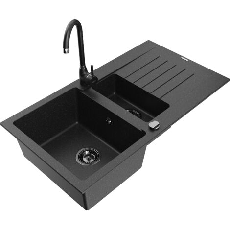 Mexen Matias 1,5-Becken-Granitspüle mit Abtropffläche und Mischbatterie Telma, Schwarz/Silber - 6502