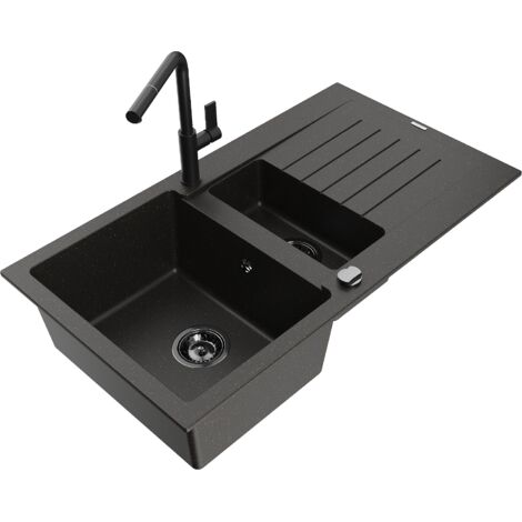 Mexen Matias fregadero de granito 1,5 c谩maras con escurridor y grifo de cocina Flora, negro/dorado - 6502-75-670401-70-B