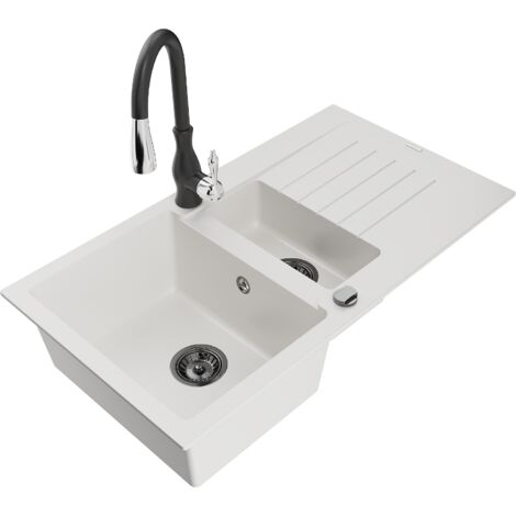 Mexen Matias fregadero de granito 1,5-cubetas con escurridor y grifo de cocina Savita, blanco - 6502-20-672601-70