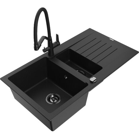 Mexen Matias fregadero de granito 1,5 senos con escurridor y grifo de cocina Duo, negro - 6502-77-671701-70-B