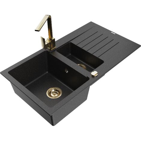 Mexen Matias fregadero de granito 1,5 senos con escurridor y grifo de cocina Rita, negro/plata metalizada - 6502-73-670300-50