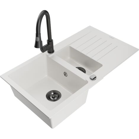 Mexen Matias fregadero de granito 1,5 tazones con escurridor y grifo de cocina Elia, blanco - 6502-20-670101-70