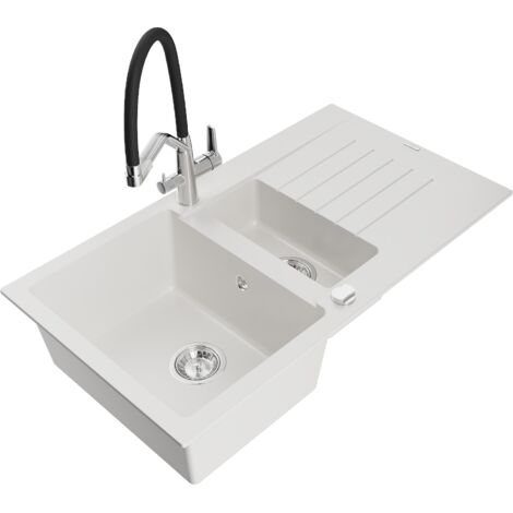Mexen Matias fregadero de granito de 1,5 cubetas con escurridor y grifo de cocina Duo, blanco - 6502-20-671701-07