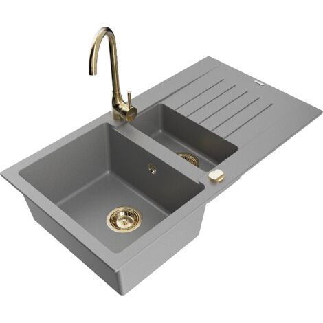 Mexen Matias fregadero de granito de 1.5 cubetas con escurridor y grifo de cocina Telma, gris - 6502-71-670200-50