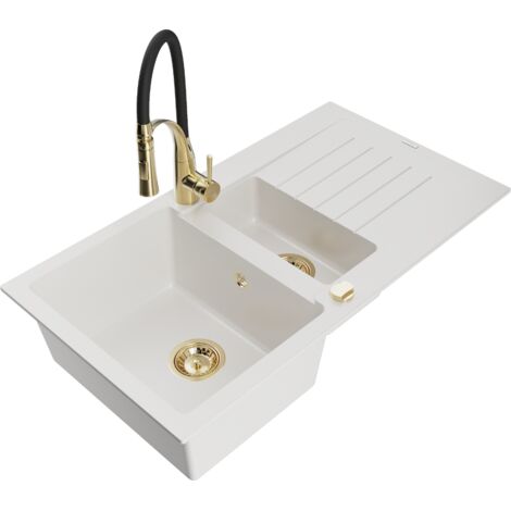 Mexen Matias fregadero de granito de 1,5 senos con escurridor y grifo de cocina Aster, blanco - 6502-20-73450-57-G