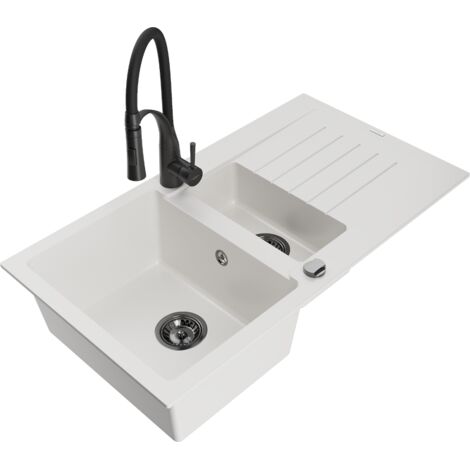 Mexen Matias fregadero de granito de 1,5 senos con escurridor y grifo de cocina Aster, blanco - 6502-20-73450-70-B