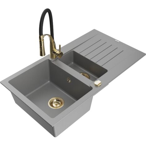 Mexen Matias fregadero de granito de 1,5 senos con escurridor y grifo de cocina Aster, gris - 6502-71-73450-57-G