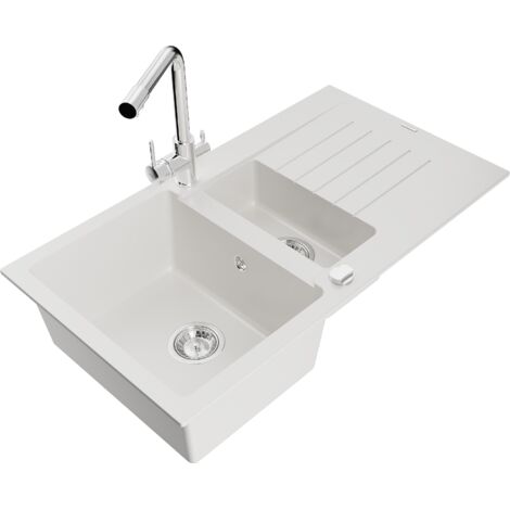 Mexen Matias fregadero de granito de 1.5 senos con escurridor y grifo de cocina Duero, blanco - 6502-20-671600-00