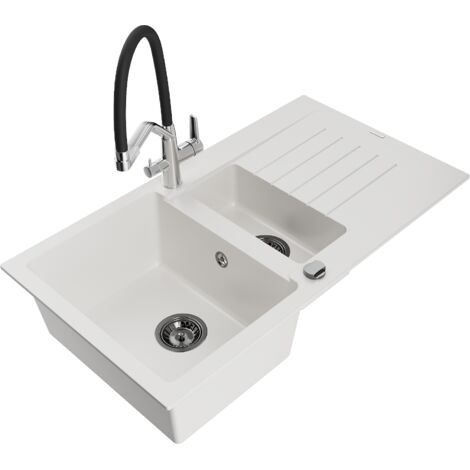 Mexen Matias fregadero de granito de 1,5 senos con escurridor y grifo de cocina Duo, blanco - 6502-20-671701-07-B
