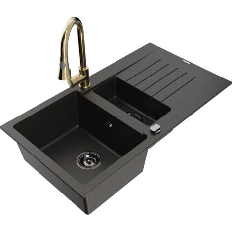 Mexen Matias fregadero de granito de 1,5 senos con escurridor y grifo de cocina Elia, negro/oro met谩lico - 6502-75-670101-50-B