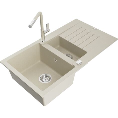 Mexen Matias fregadero de granito de 1,5 senos con escurridor y grifo de cocina Flora, beige - 6502-69-670401-09