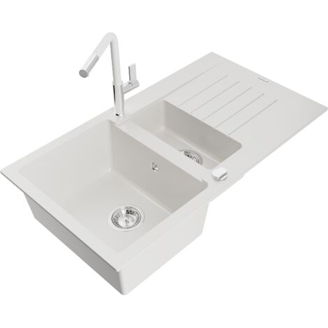 Mexen Matias fregadero de granito de 1,5 senos con escurridor y grifo de cocina Flora, blanco - 6502-20-670401-02