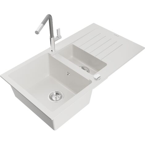 Mexen Matias fregadero de granito de 1,5 senos con escurridor y grifo de cocina Flora, blanco - 6502-20-670401-06