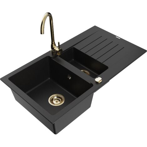 Mexen Matias fregadero de granito de 1,5 senos con escurridor y grifo de cocina Telma, negro - 6502-77-670200-50