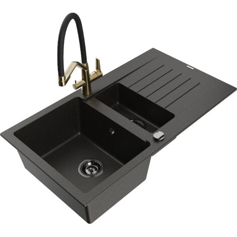 Mexen Matias fregadero de granito de 1.5 tazones con escurridor y grifo de cocina Duo, negro/oro met谩lico - 6502-75-671701-57-B