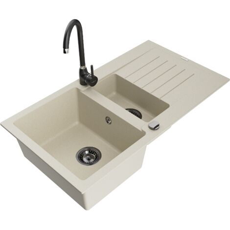 Mexen Matias lavello in granito 1,5 vasca con sgocciolatoio e rubinetto da cucina Telma, beige - 6502-69-670200-70