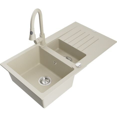 Mexen Matias lavello in granito 1,5 vasche con gocciolatoio e miscelatore da cucina Elia, beige - 6502-69-670101-69