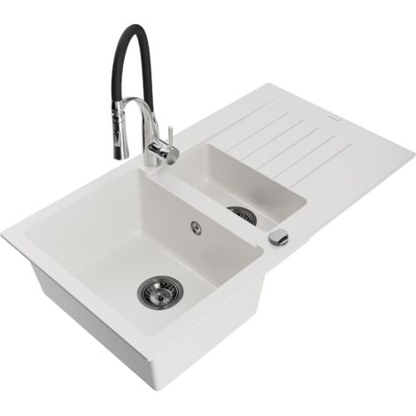 Mexen Matias lavello in granito 1,5 vasche con gocciolatoio e rubinetto da cucina Aster, bianco - 6502-20-73450-07-B