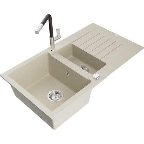 Mexen Matias lavello in granito 1,5 vasche con scolapiatti e miscelatore cucina Flora, beige - 6502-69-670401-07